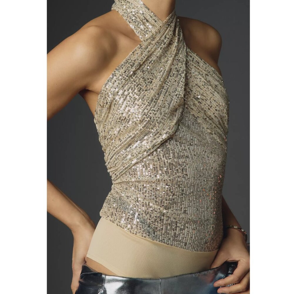 NWT Mac Duggal Cross Halter Sequin Top R26830 Bodysuit Nude Silver L